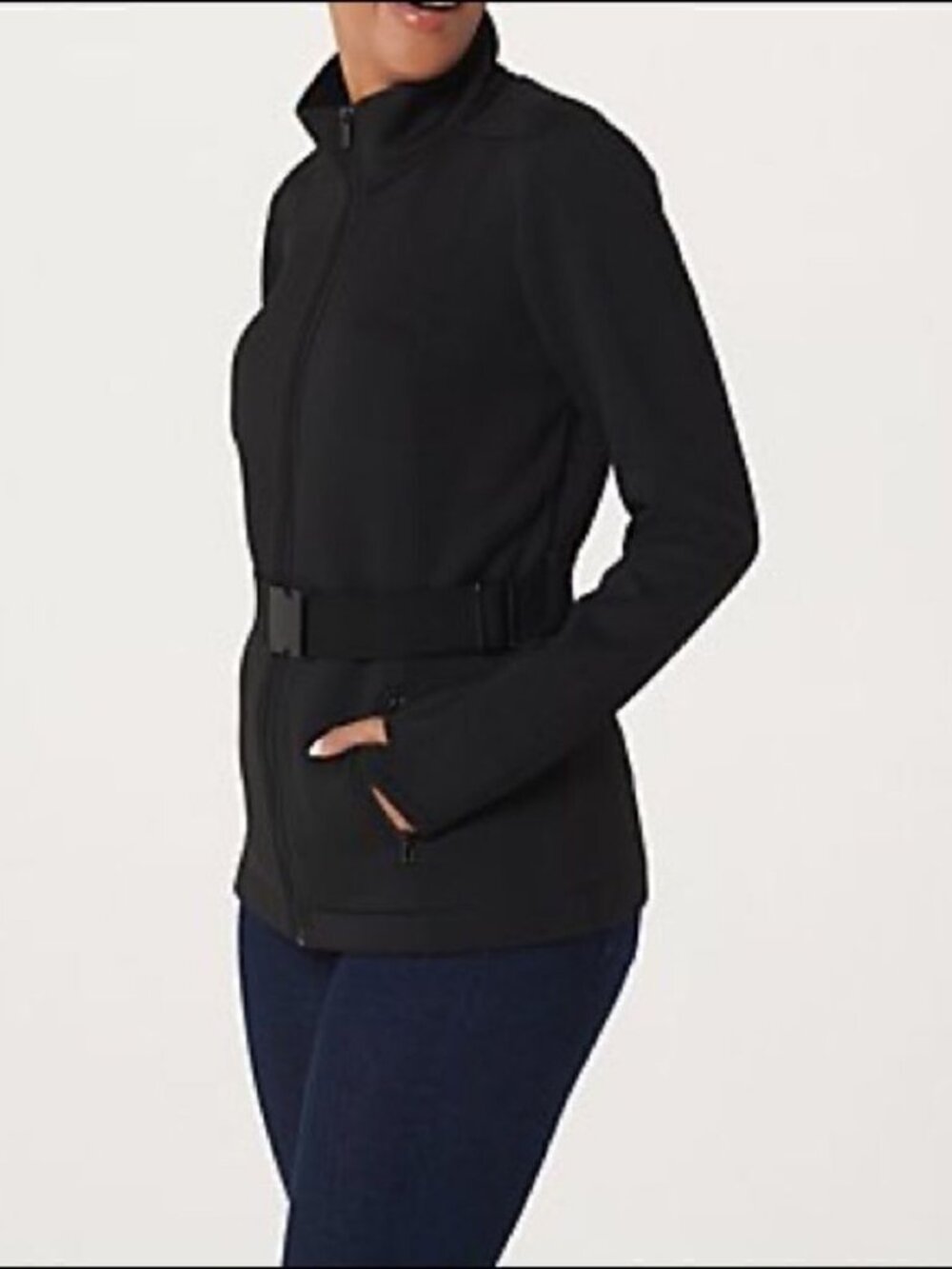 zuda Belted Scuba Knit Zip Front Jacket
